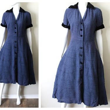 Vintage 40s 1950s Dress / 50s Blue Textured Tiered Day Dress Black Rayon Velvet Trim Button Down // Modern US 6 8 10 Medium Large 
