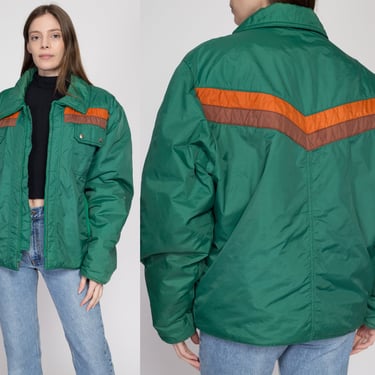 XL 70s 80s Green Color Block Down Fill Puffer Jacket | Retro Vintage Striped Puffy Winter Ski Coat 