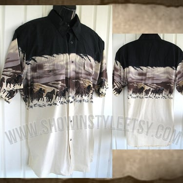 CLEARANCE!  Vintage Retro Western Men's Cowboy Shirt by High Noon, Rodeo Shirt, Galloping Horses &amp; Snow, Size XLarge (see meas. photo) 