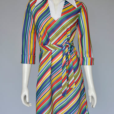 vintage 1970s rainbow striped belted dress M 