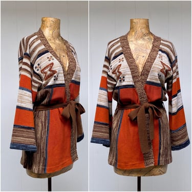 Vintage 1970s Southwestern Sweater, 70s Boho Acrylic Knit Wrap Cardigan, Medium 38
