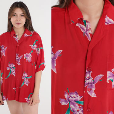 Red Hawaiian Shirt 90s Tropical Floral Button Up Orchid Flower Print Top Retro Surfer Vacation Short Sleeve Summer Vintage 1990s Medium M 