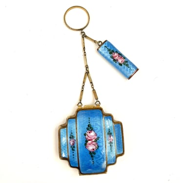 Antique Art Deco Guilloche Blue and Pink Roses Enamel Chatelaine Compact 