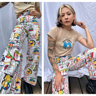 Vintage Disney Bell Bottom Pants / High Waisted Novelty Trousers / Music Theme Dance Hall Mickey Minnie Donald Duck / Disneyland Trousers 