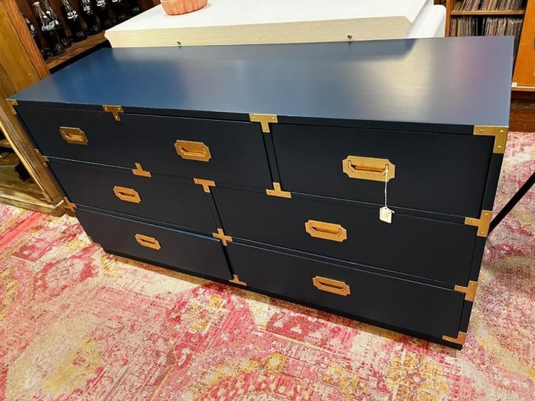 Blue painted 7 drawer campaign style dresser, 56” x 18” 29.25” 