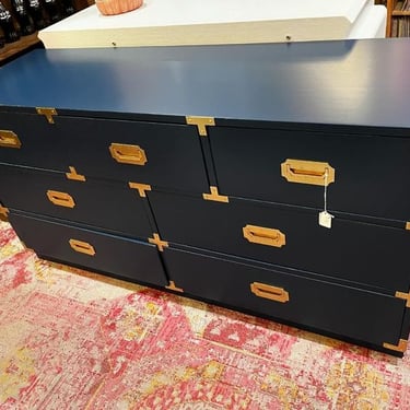 Blue painted 7 drawer campaign style dresser, 56” x 18” 29.25” 