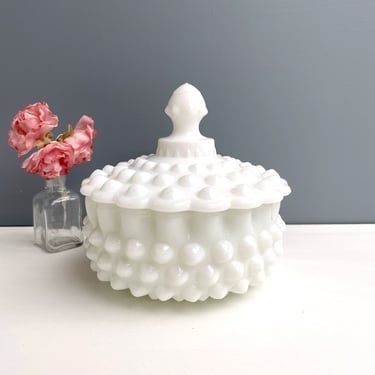 Fenton hobnail milk glass covered candy dish - vintage glass 