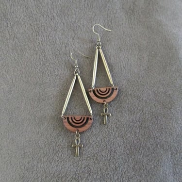Bronze ankh and wooden mid century modern earrings 