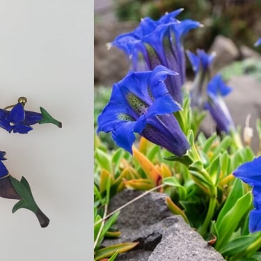 Blooms of Gentian -  Vintage 1950s 1960s Blue Hard Plastic Floral Demi Parure Brooch Earring Set 