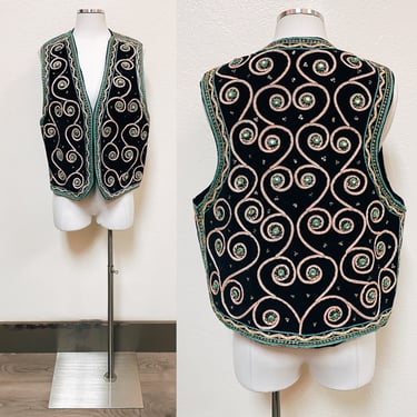 1980s Black Velvet Hand Embroidered & Beaded Vest by Carol Horn | Vintage, Hippie, Funky, Unisex, Costume, Myanmar, Swirl, Hearts 