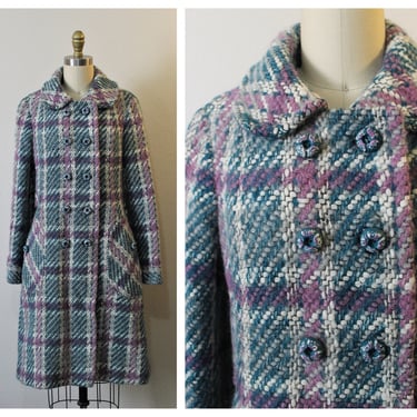 Vintage 1960s Shagmoor Tourquoise Blue Plum Purple tweed plaid Yarn Wool Coat Double Breasted pea coat // US 0 2 4 xs s 