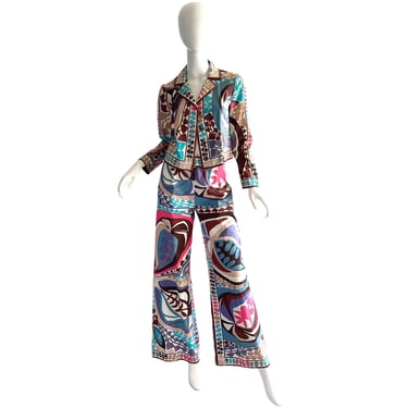 60s Emilio Pucci Pant Set / Psychedelic Mod Geometric Pantsuit / 1960s Saks Fifth Avenue Bell Bottoms Suit Small 