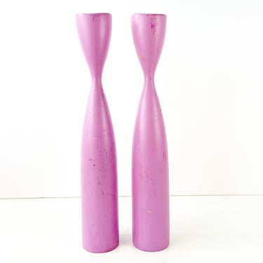 2 Pink Mid Century Modern Danish Tulip Wooden Candlestick Candle Holder JAPAN