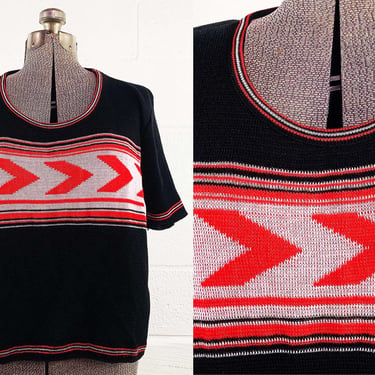Vintage Cropped Sweater Red Black White Half Sleeve Scoop Neck Jumper Pullover Ikat Stripe Miss Scotch English 1960s 1970s Large XL 