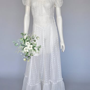 vintage 1930s white organza dress w/ floral embroidery wedding S/M 