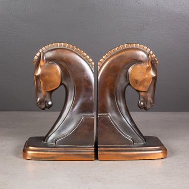 Art Deco Bronze and Copper Plated Machine Age Trojan Horse Bookends by Dodge Inc. c.1930