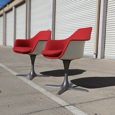 Mid Century Space Age Swivel Dining Chairs by Maurice Burke | Aluminum | MCM | Red Accent / Side Chairs | Retro | Atomic | 1960s 
