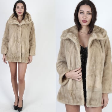 60s Natural Blonde Mink Fur Coat / 1960s Real Ivory Mink Jacket / Vintage Structured Fur Under Collar / Womens Cropped Lined Jacket 