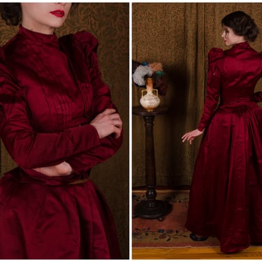 Victorian Dress - 1890s Authentic Antique Victorian Wine Colored Silk Satin Dress with Heart Shape Pleated Gigot Sleeves c. 1897-98 