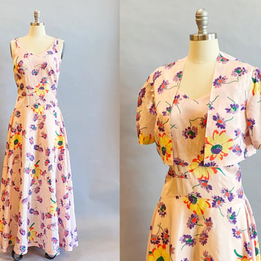 1930's Floral Dress  / 30's Dress With Jacket / Silk Taffeta Gown / 30's Hostess Dress / Size Medium 