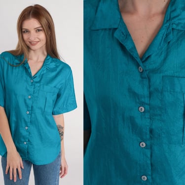 Blue Blouse 80s Button Up Shirt Retro Plain Simple Short Sleeve Top Chest Pocket Preppy Basic Collared Minimal Simple Vintage 1980s Medium M 