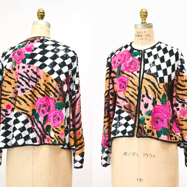 80s 90s Vintage Sequin Jacket Floral Zebra Checkered Sequin Jacket Size Small Medium// 90s Pop art Flower Animal Sequin Jacket Judith Ann 
