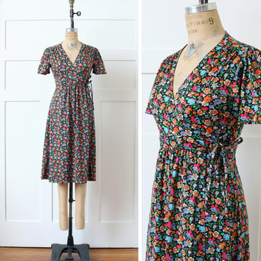 vintage 1970s floral wrap dress • colorful boho flutter sleeve midi dress 