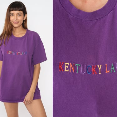 90s Kentucky Lake T Shirt Purple Rainbow Embroidered Tee Tennessee River Graphic Cotton Tshirt Tourist Tee Extra Large XL 
