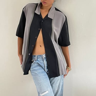 90s silk blouse / vintage black gray color block sand washed silk oversized boyfriend bowling pocket shirt blouse | Extra Large 