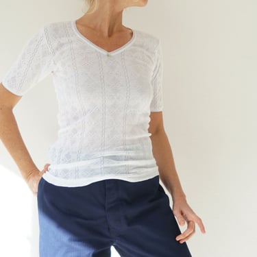 Vintage French White Pointelle Undershirt | French Cotton Blend Eyelet Top | Rib Knit Long Sleeve Scoop Neck Top | French Pointelle 