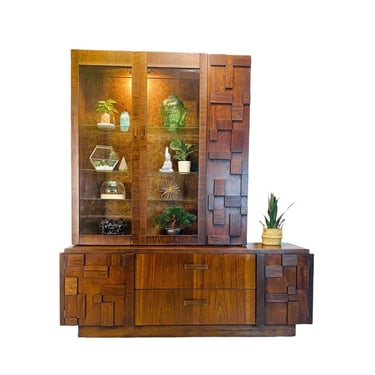 Mid Century Modern Lane Brutalist Walnut Hutch and Cabinet in the Style of Paul Evans, MCM Brutalist China Cabinet, Modern Dining Room 