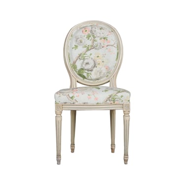 Antique French Louis XVI Style Painted Side Chair W/ Floral Linen 