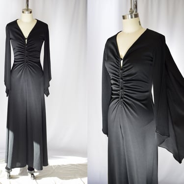 Vintage 1970s Slinky Bellbottom Jumpsuit | S | 70s Disco Black Jersey Fitted Jumpsuit with wide legs and bell sleeves 