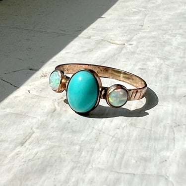 Turquoise and Opal Hammered Band Ring in 14k Goldfill Handmade by Rachel Pfeffer 