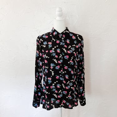 80s Does 40s Rayon Floral Button Up Blouse in Black Pink Cream Blue Green | Small 