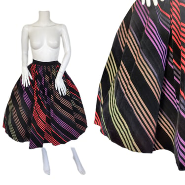 1950's Black Flocked Velvet Rainbow Striped Full Circle Skirt I Sz Med I W: 30