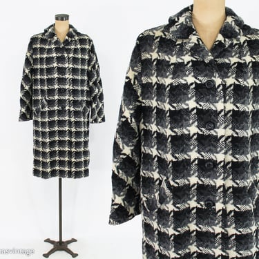 1960s Black & White Wool Coat | 60s Houndstooth Wool Coat | Plaid Wool Coat | Stanley | Large 
