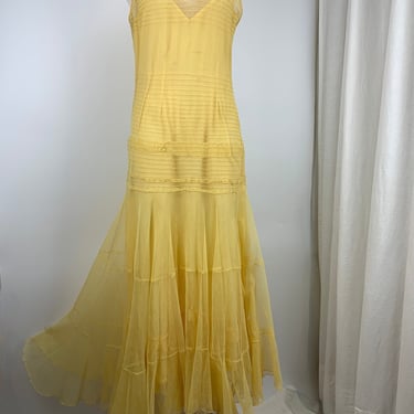 1920s-30s Silk Tulle Dress - Sheer Soft Yellow Tulle - Flared & Layered Tulip Skirt - Old Hollywood Glamour - Size Small to Tailored Medium 