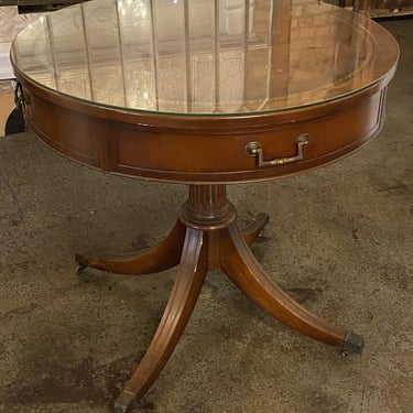 Drum Table w Glass Top and 1 Drawer