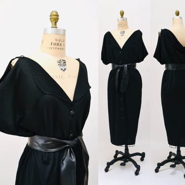 70s 80s Black Dress Party Draped Dress by Pat Richards Medium Gorgeous Draped Black Knit Relaxed Dress Goddess Belted Knit Dress 