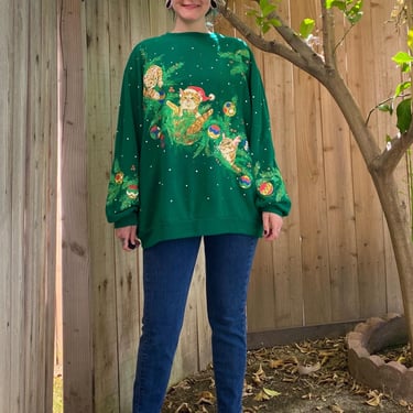 Vintage 1990’s Green Christmas Kitten Sweatshirt 