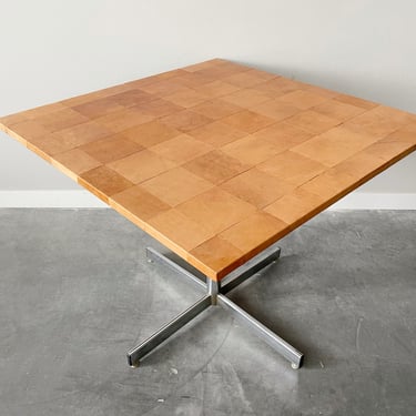 vintage leather patchwork dining table with chrome base