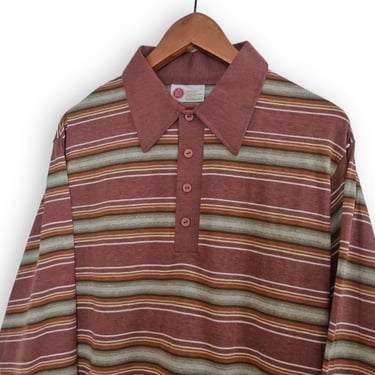 vintage striped polo / 70s shirt / 1970s Sears brown and green striped long sleeve polo shirt Large 