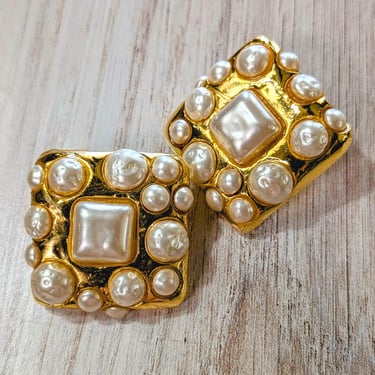 Dominique Aurientis Faux Pearl and Gold Earrings, Vintage Clip Ons 
