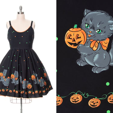 Modern 1950s Style Sundress | Halloween Cats Pumpkins Novelty Border Print Black Fit and Flare Day Dress with Pockets (large/x-large) 