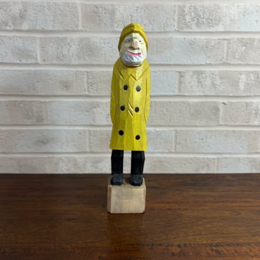 Vintage Hand Carved Wooden Fisherman with Yellow Coat and White Beard, 12 inch Tall 