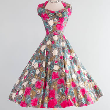 Spectacular 1950's Claudia Young Polished Cotton Floral Party Dress / SM