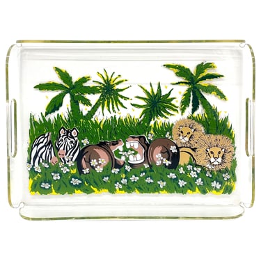 Vintage Serving Tray Retro 1990s Contemporary + Clear Acrylic + Reverse Painted + Safari Animals + Kitchen + Barware + Home Decor/Decoration 