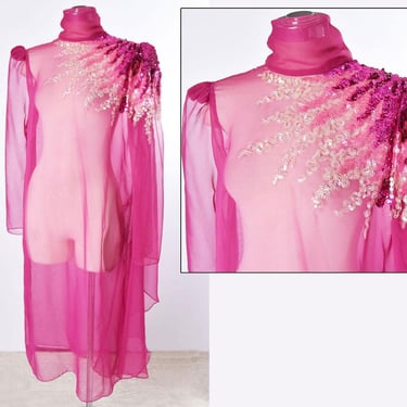 1960s Hot Pink Chiffon Sequined Dress Vintage 1970's Fuchsia Sparkly Evening Dress Costume 