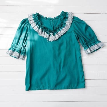 green ruffled blouse | 70s 80s vintage Jeri Bee dark teal emerald green cottagecore romantic lace collar puff sleeve shirt 